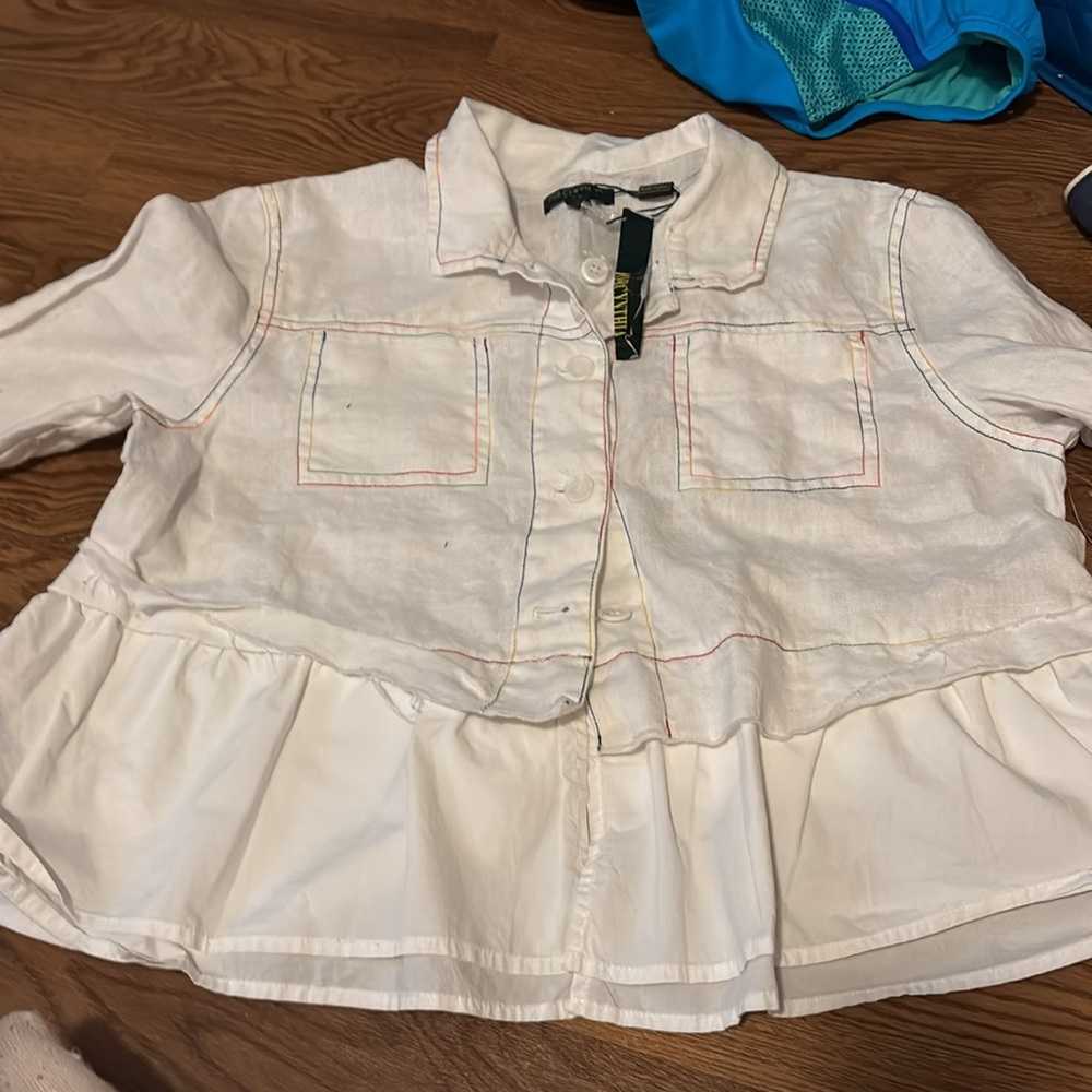 For Cynthia White Button-Up Top with Multicolor Stitching